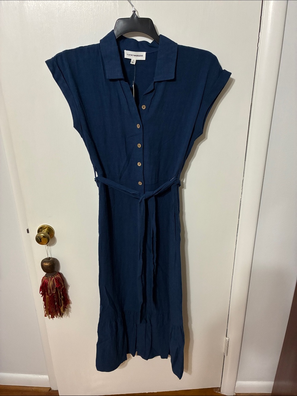 Lucky Brand Navy Button-Front Midi Dress with Tie Waist